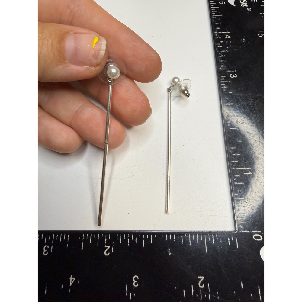 Silver Tone Linear Bar Faux Pearl Drop Earrings Minimalist Post Back